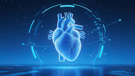 Human heart on blue background. 3d rendering toned image double exposureの写真素材
