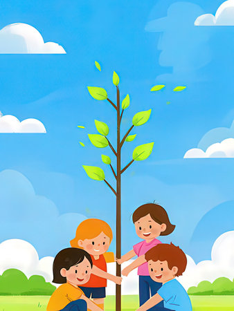 Happy family with children and tree in the park. Vector illustration.の写真素材