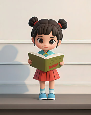 3d Render of Cute Little Girl Reading a Book in the Gymの写真素材