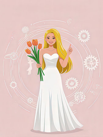 Beautiful bride with tulips in her hand. Vector illustration.の写真素材