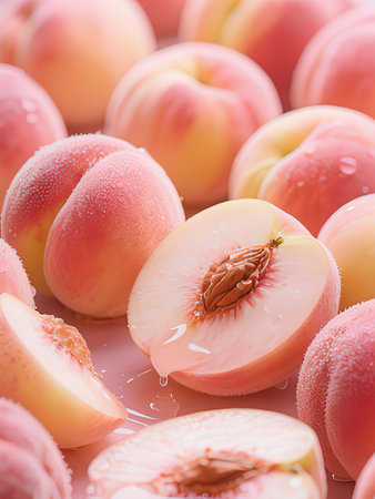 Fresh peaches with drops of water on a white background. Selective focus.の写真素材