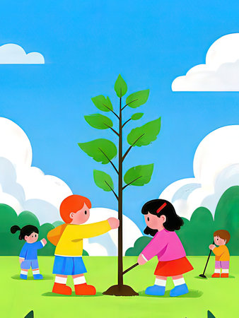 Children planting tree in the park. Vector illustration of kids planting tree.の写真素材
