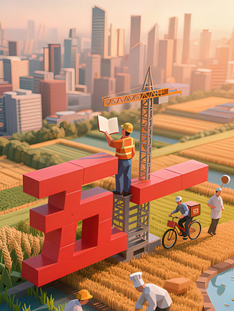 3d isometric building concept with construction workers and building crane vector illustrationの写真素材