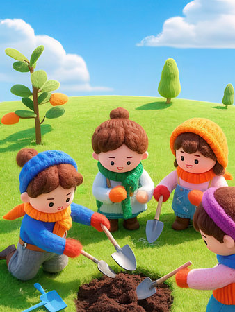 Happy group of children planting trees in the garden with shovel and rakeの写真素材