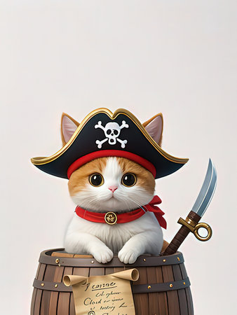 Cat pirate in a hat with a sword in a barrel on a white backgroundの写真素材