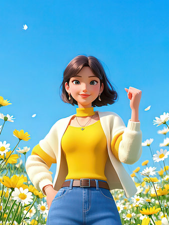 3D illustration of a beautiful girl in a field of daisies
