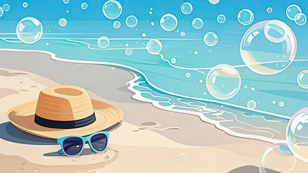 Illustration of a beach with a hat, sunglasses and soap bubblesの写真素材