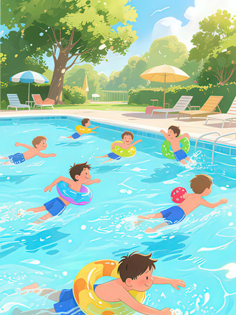 Children swimming in the pool. Vector illustration of children swimming in the pool.の写真素材