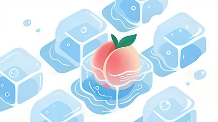Illustration of ice cube with peach in the middle, abstract background
