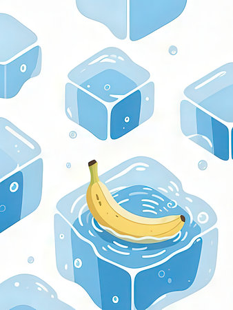 Illustration of a banana in ice cubes on a white background.の写真素材