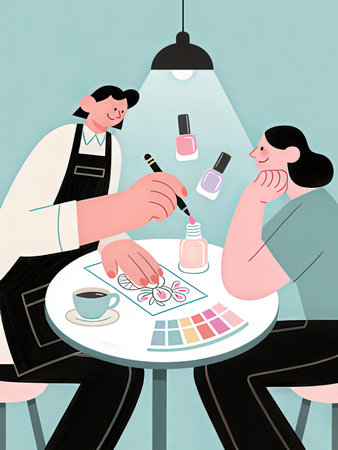 Manicure salon. Manicurist paints nails of young woman. Vector illustration.の写真素材
