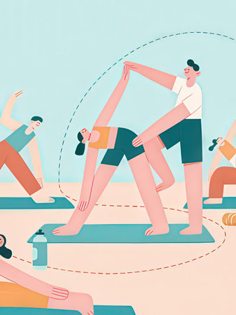 Young people doing yoga on the beach. Flat style vector illustration.の写真素材