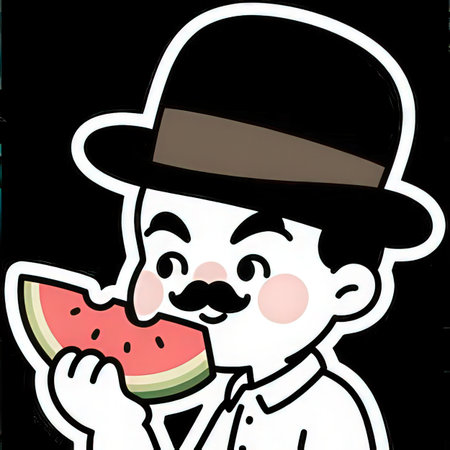 Illustration of a man eating a watermelon on a black backgroundの写真素材
