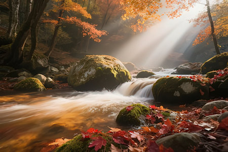 Autumn forest waterfall with colorful leaves and sunbeams in the morningの写真素材
