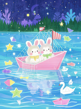 Cute rabbits in the boat on the lake. Vector illustration.の写真素材