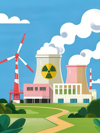 Industrial landscape with wind turbines and power plant. Vector illustration.の写真素材