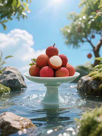 lychee in a vase in the garden on a background of blue skyの写真素材