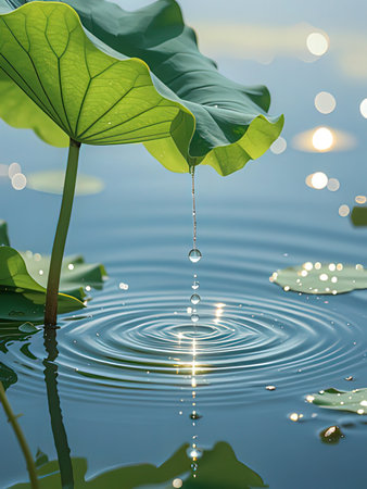 Lotus leaf and water drop on the surface of the water.