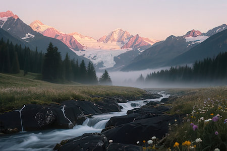 Beautiful alpine landscape with river and mountains at sunrise, Switzerlandの写真素材