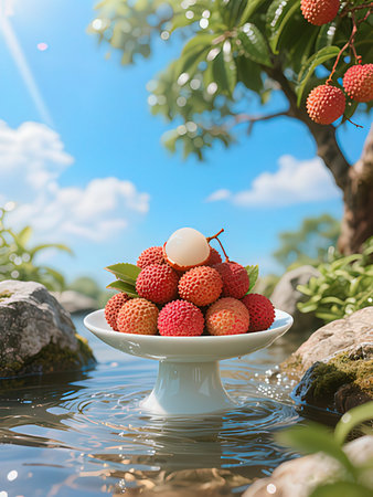 Freshly picked lychees on a white plate in the waterの写真素材