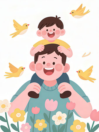 Father and son with birds on white background. Cartoon vector illustration.の写真素材