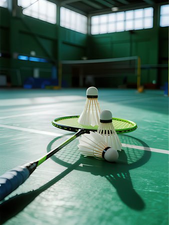 Badminton racket and shuttlecock on badminton court.の写真素材