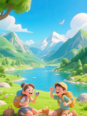 Children with backpacks on the background of the mountains and the lakeの写真素材