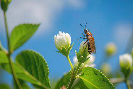 Insect on a white flower against the blue sky and white clouds