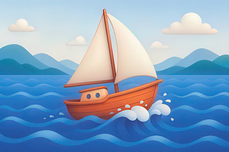 Sailing boat in the sea. Vector illustration. Cartoon style.の写真素材