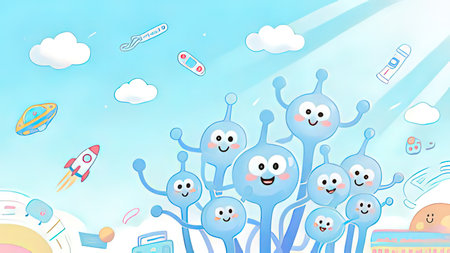 Illustration of cute cartoon characters in the blue sky with clouds.の写真素材
