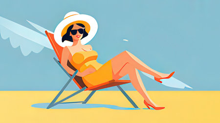 Beautiful woman in a beach chair on the sand. Vector illustrationの写真素材