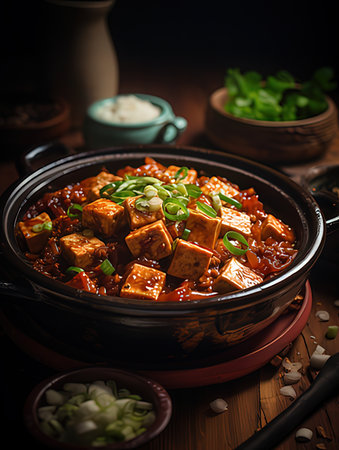 Tofu Tofu in a spicy sauce, selective focus.の写真素材