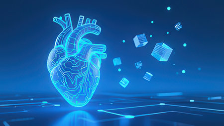 Digital illustration of human heart in blue background. 3D rendering.