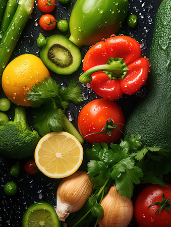 Healthy food background with fresh vegetables and water drops, top view