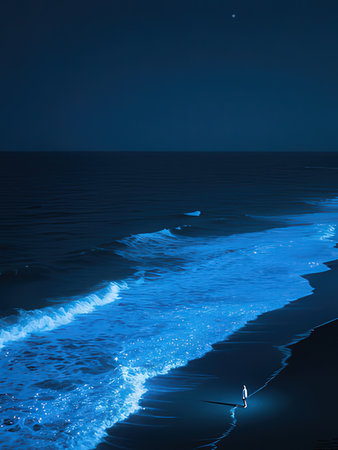 Night view of the sea with waves and blue sky. Long exposureの写真素材