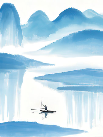 Silhouette of a man rowing on a boat in the lakeの写真素材