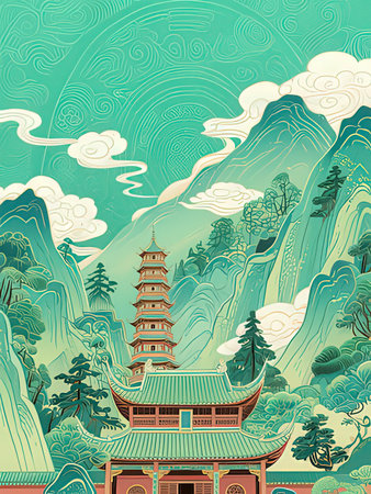 Vector illustration of a Chinese temple on the background of mountains and cloudsの写真素材