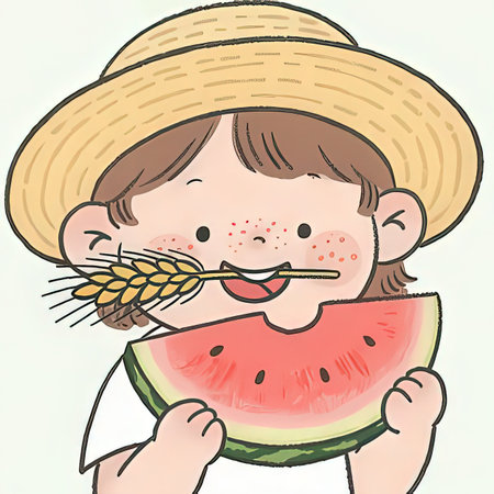 Illustration of a little girl eating a watermelon with a straw hatの写真素材
