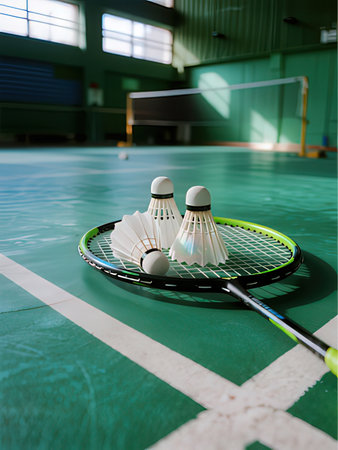 Badminton racket and shuttlecock on badminton court.の写真素材