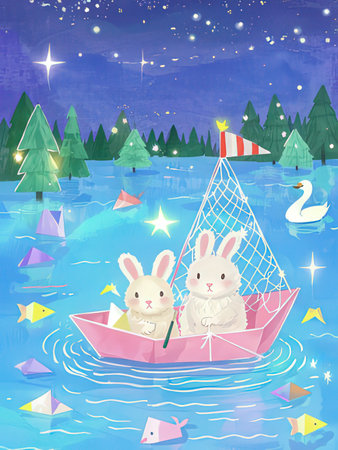 Cute rabbits in a boat on the river. Children's illustration.の写真素材