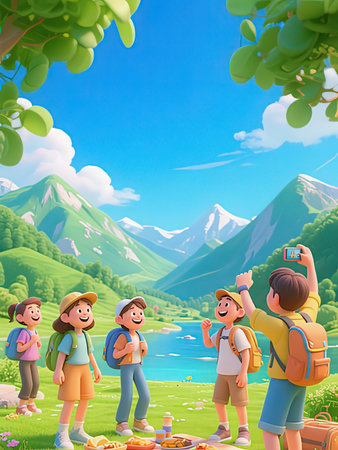Happy group of friends with backpacks hiking in the mountains. Vector illustrationの写真素材