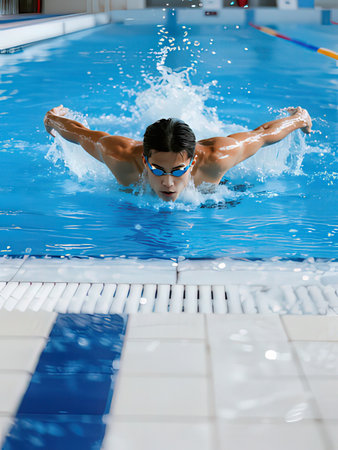 young man in goggles swimming stroke style in swimming pool