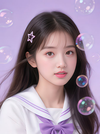 Beautiful asian girl with soap bubbles on purple background, 3d renderingの写真素材