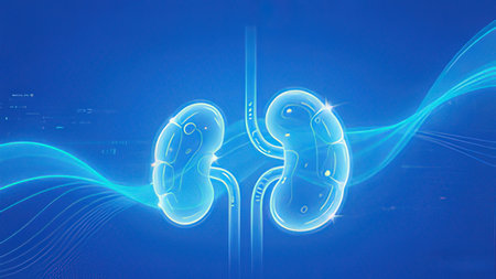Digital illustration of human kidney in color background. 3D rendering.