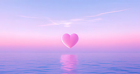 Pink heart floating in the sea. 3D render. Romantic background.