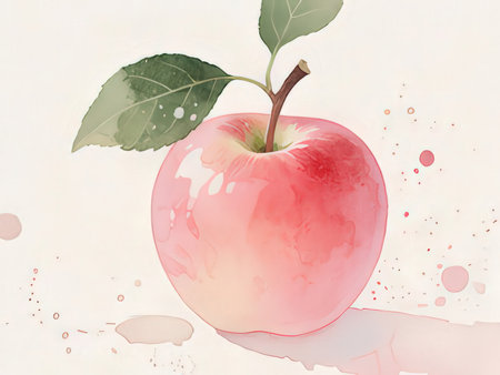 Red apple with green leaf and watercolor splashes on white backgroundの写真素材