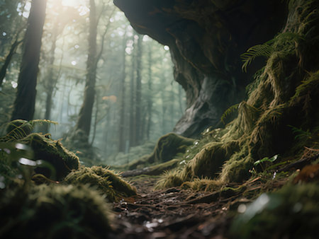 Mossy trees in the forest with sunbeams passing through
