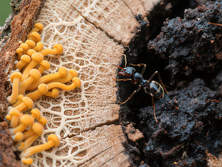 Black ant and yellow mushrooms on wood background, closeup of photo