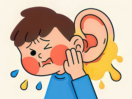 A boy trying to listen to music with a hearing aid in his earの写真素材