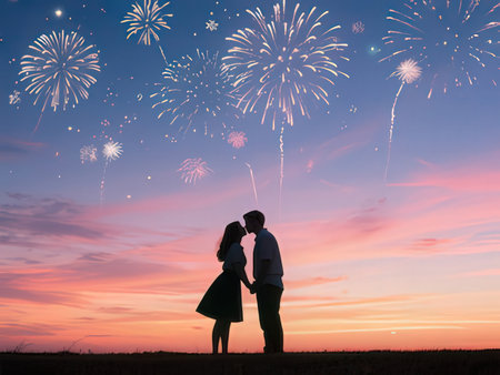 Silhouette of happy couple kissing on sunset sky background with fireworksの写真素材